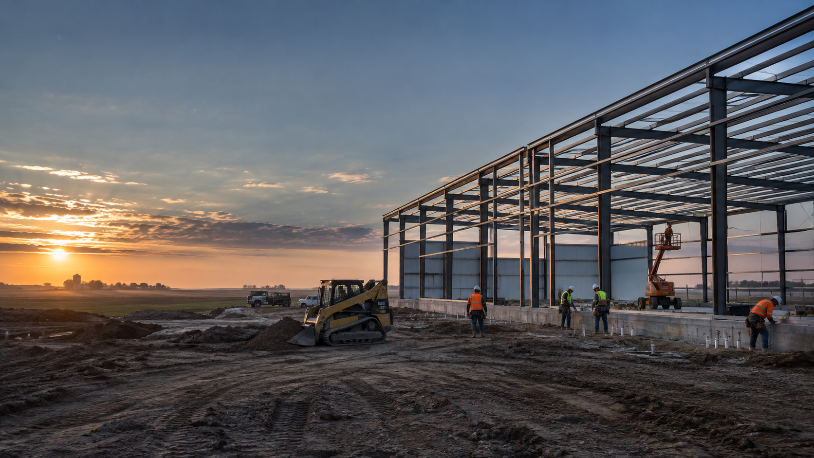 Steel-frame building under construction on a Nebraska jobsite